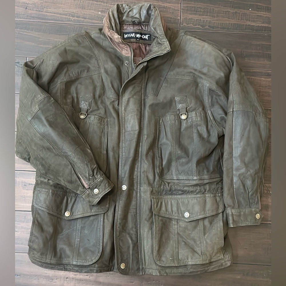 Khaki green Wear Me Out vintage leather jacket with a unique worn-in look
